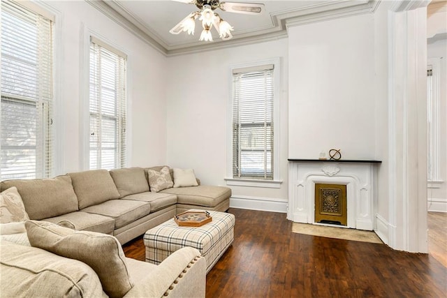 living room with dark wood-style floors, crown molding, plenty of natural light, and a fireplace