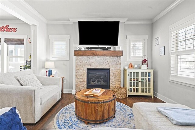 9011 NE 79th St, Kansas City, MO 64158 - living area featuring crown molding, wood finished floors, baseboards, and a glass covered fireplace