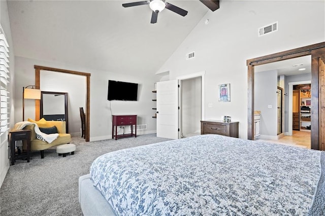 9011 NE 79th St, Kansas City, MO 64158 - bedroom with high vaulted ceiling, visible vents, light colored carpet, and beam ceiling