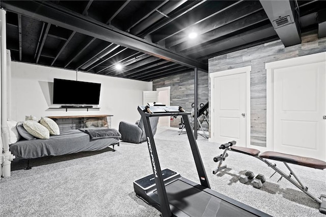 9011 NE 79th St, Kansas City, MO 64158 - workout room featuring wood walls and carpet floors