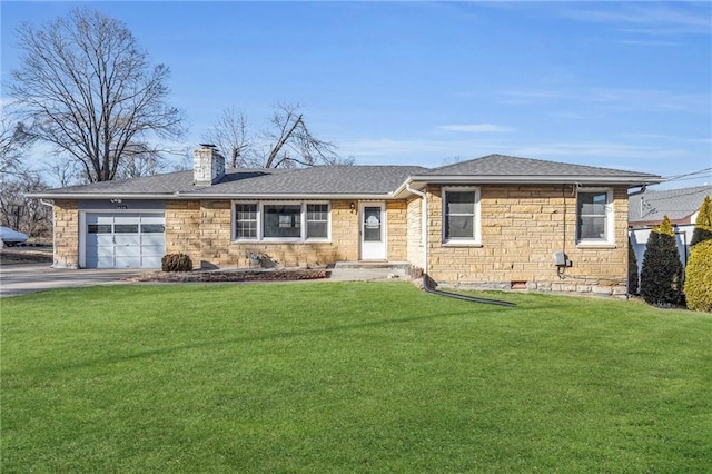 view of front of property with a chimney, an attached garage, a front yard, stone siding, and driveway