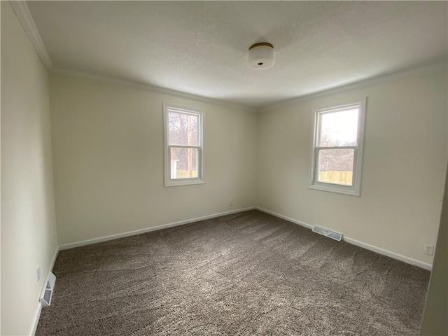 carpeted spare room featuring ornamental molding and a healthy amount of sunlight