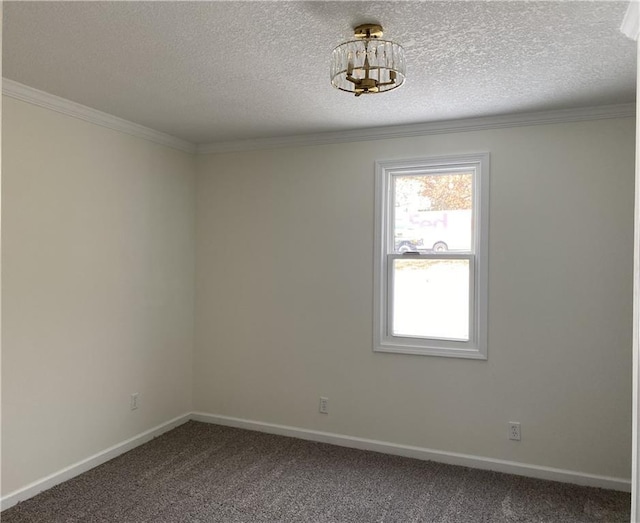 spare room with ornamental molding, carpet, and a textured ceiling