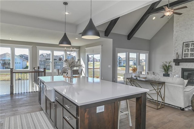 kitchen featuring open floor plan, light countertops, wood finished floors, and a sink