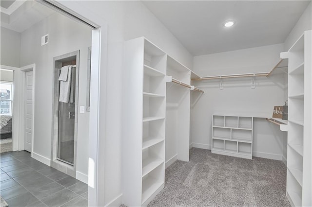 walk in closet featuring visible vents and carpet flooring