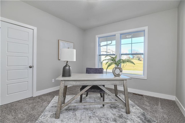 office area featuring carpet, visible vents, and baseboards