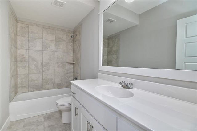 bathroom featuring toilet, visible vents,  shower combination, and vanity