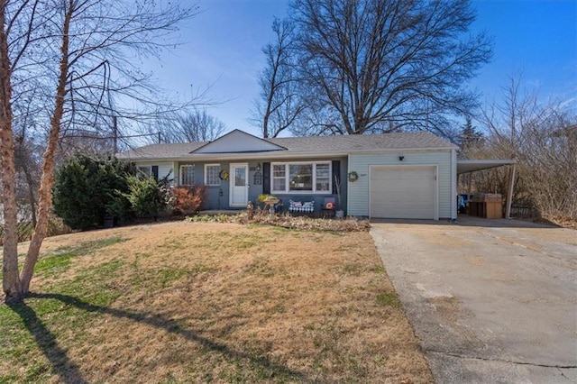 ranch-style house with aphalt driveway, a carport, a garage, and a front yard