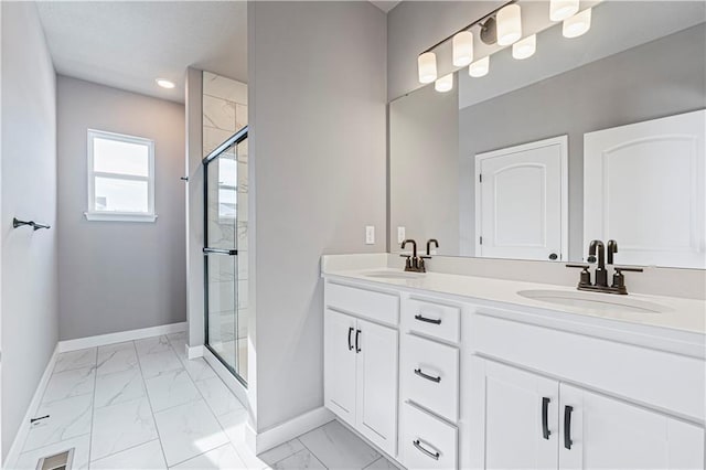 9630 N Colrain Ave, Kansas City, MO 64154 - full bathroom featuring a sink, baseboards, a shower stall, and marble finish floor