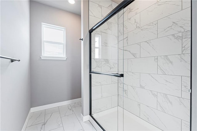 9630 N Colrain Ave, Kansas City, MO 64154 - bathroom with baseboards, a stall shower, and marble finish floor