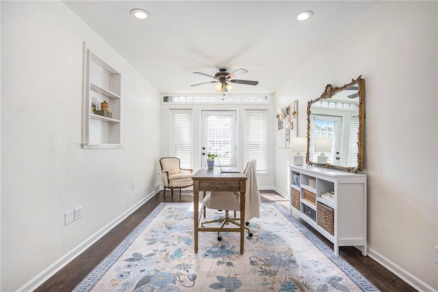 home office with wood finished floors, a ceiling fan, baseboards, and recessed lighting
