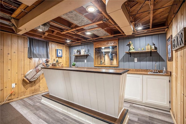 indoor wet bar featuring wood walls and light wood-style floors