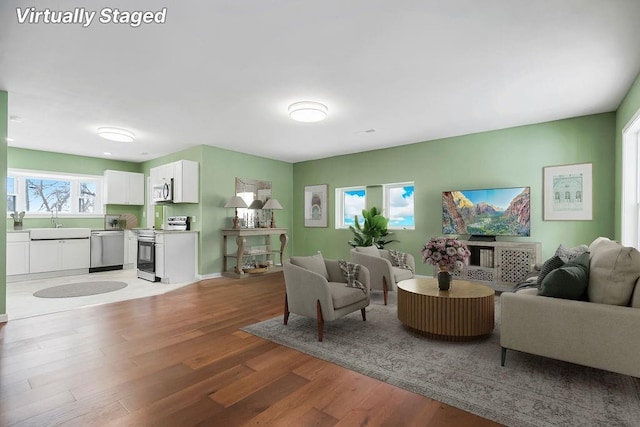 living room with hardwood / wood-style flooring and sink