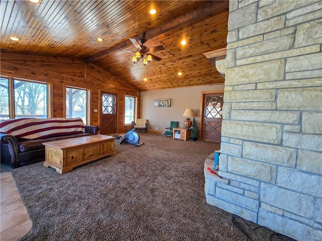 recreation room featuring vaulted ceiling, carpet flooring, ceiling fan, and wood ceiling