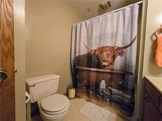 bathroom featuring vanity, a textured ceiling, toilet, and walk in shower