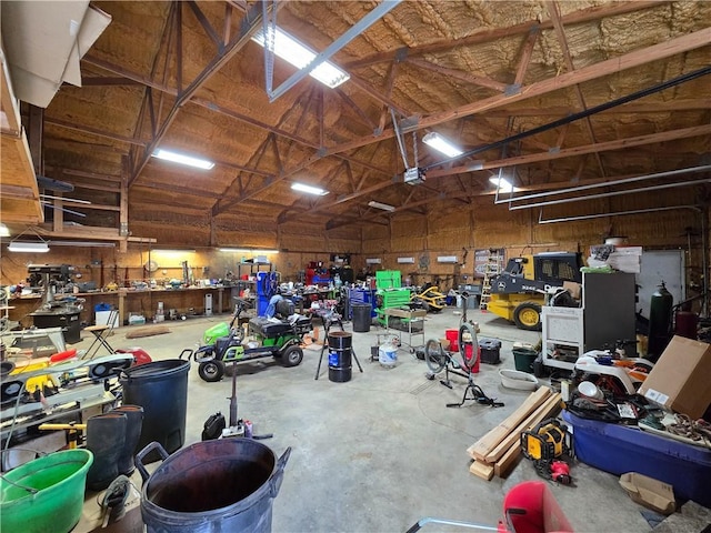 garage with a workshop area