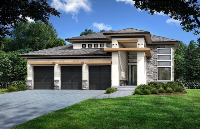 prairie-style house with driveway, stone siding, an attached garage, a front lawn, and a shingled roof