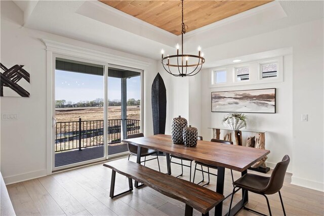 dining area featuring a chandelier, light wood-type flooring, a tray ceiling, and wooden ceiling