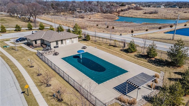 drone / aerial view featuring a water view