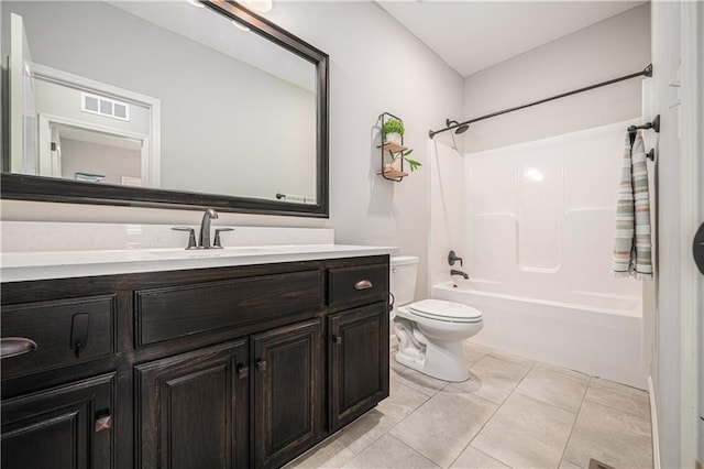 full bathroom with vanity, visible vents, shower / bath combo, tile patterned flooring, and toilet