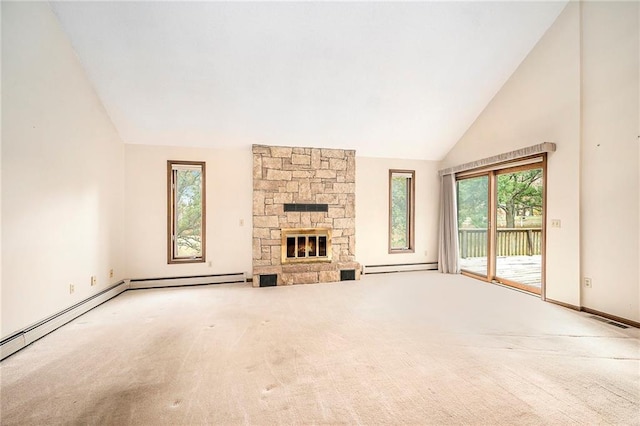 unfurnished living room featuring a fireplace, high vaulted ceiling, light carpet, and a baseboard heating unit