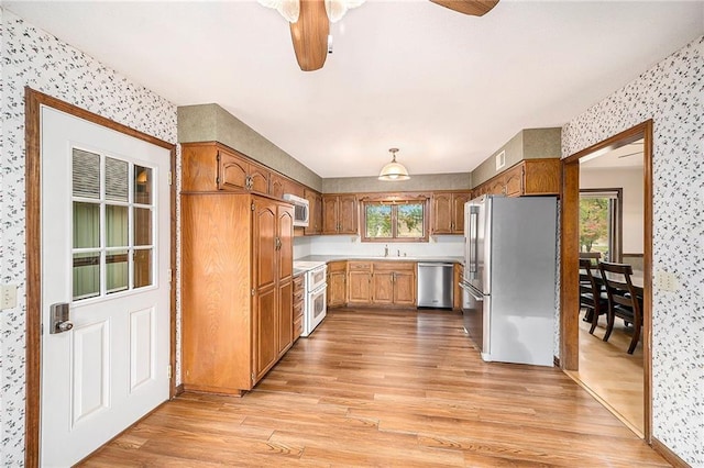 kitchen with a healthy amount of sunlight, appliances with stainless steel finishes, sink, and light hardwood / wood-style floors