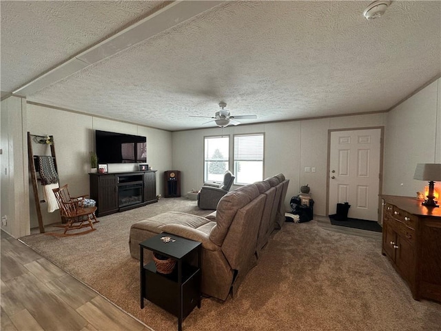 living room with wood finished floors, ceiling fan, a textured ceiling, a glass covered fireplace, and crown molding