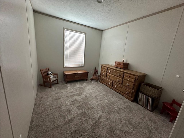 living area featuring a textured ceiling and carpet