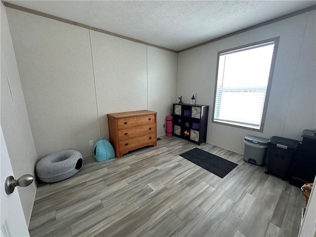 miscellaneous room featuring a decorative wall, a textured ceiling, and wood finished floors