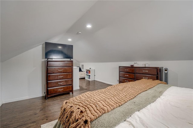 bedroom with vaulted ceiling, recessed lighting, dark wood-style floors, and baseboards