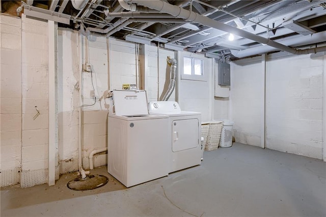 basement with electric panel and separate washer and dryer