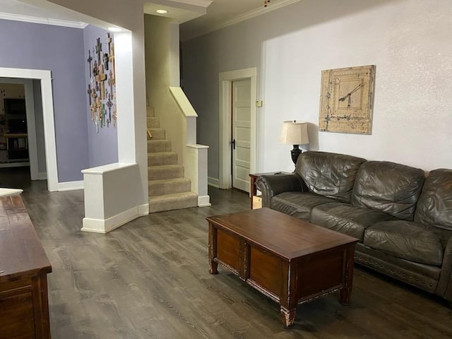 living room with crown molding and dark wood-type flooring