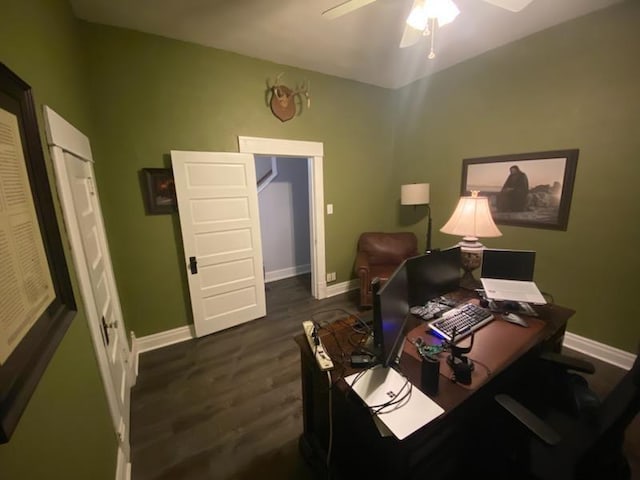 office featuring ceiling fan and dark hardwood / wood-style flooring