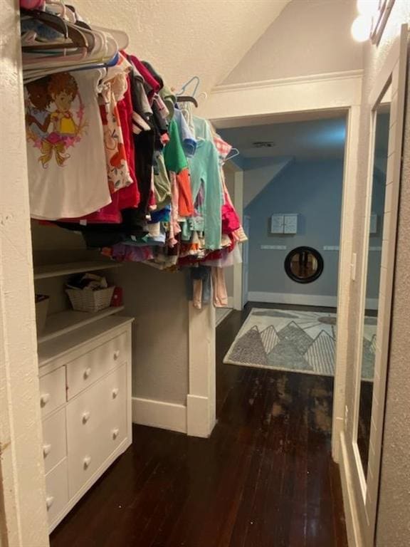 walk in closet featuring lofted ceiling and dark hardwood / wood-style flooring