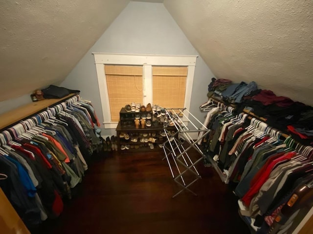 spacious closet with lofted ceiling and dark hardwood / wood-style flooring