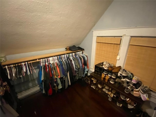 walk in closet featuring lofted ceiling and hardwood / wood-style floors