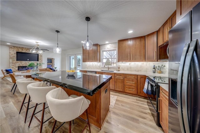 kitchen with stainless steel appliances, light wood-style floors, a fireplace, and a sink