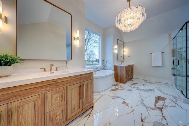 bathroom with a stall shower, lofted ceiling, a sink, marble finish floor, and two vanities