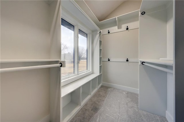 spacious closet with lofted ceiling and light colored carpet