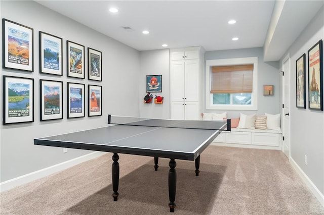 playroom with carpet flooring, recessed lighting, and baseboards