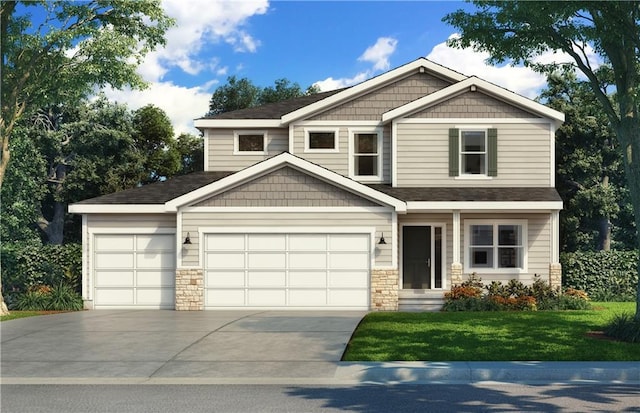 craftsman inspired home with a garage and a front lawn