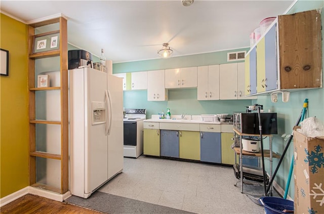 kitchen featuring sink, white appliances, and white cabinets