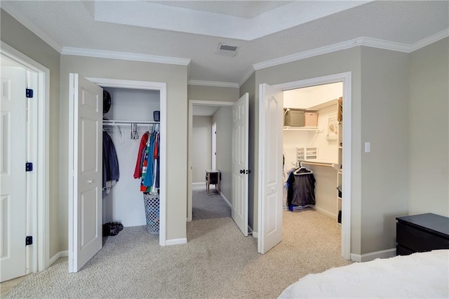 bedroom with ornamental molding, a spacious closet, light carpet, and a closet