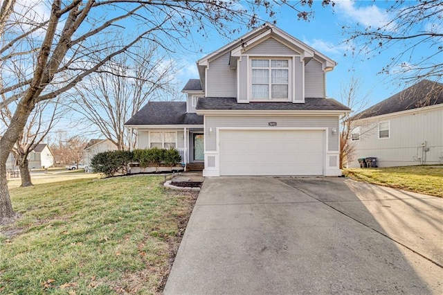 traditional-style home featuring a garage, driveway, roof with shingles, and a front lawn