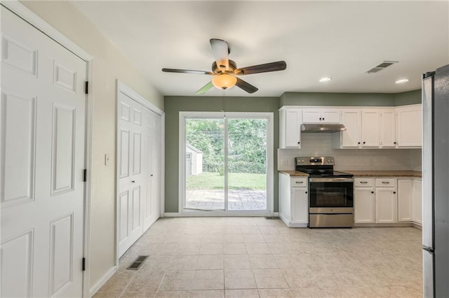 11413 Palmer Ave, Kansas City, MO 64134 - kitchen with appliances with stainless steel finishes, under cabinet range hood, white cabinetry, tasteful backsplash, and a ceiling fan