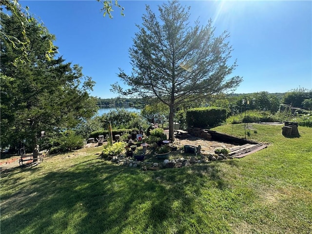 view of yard with a water view