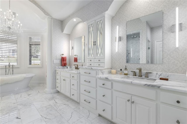 full bath featuring wallpapered walls, walk in shower, marble finish floor, and a sink