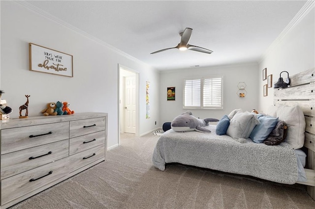 bedroom featuring baseboards, light colored carpet, ornamental molding, and a ceiling fan