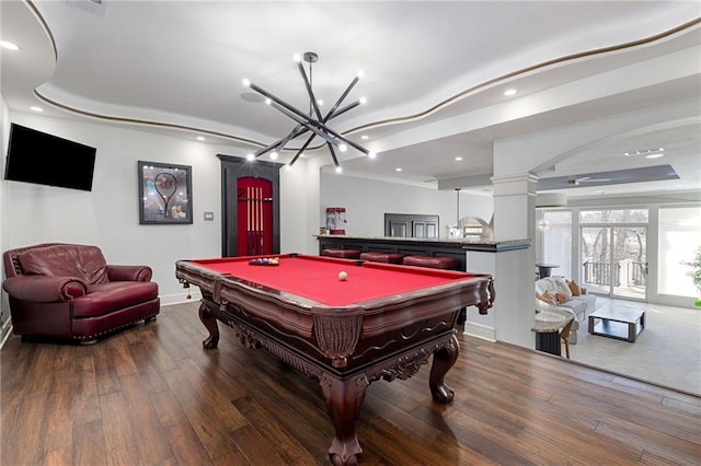 playroom featuring recessed lighting, billiards, decorative columns, and hardwood / wood-style flooring