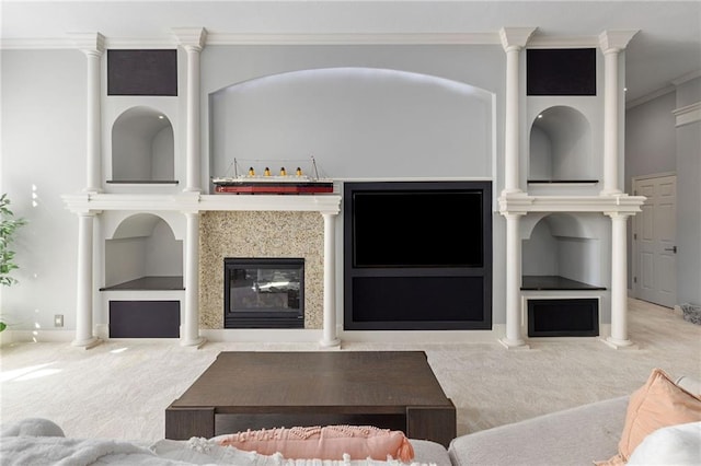 carpeted living area featuring crown molding